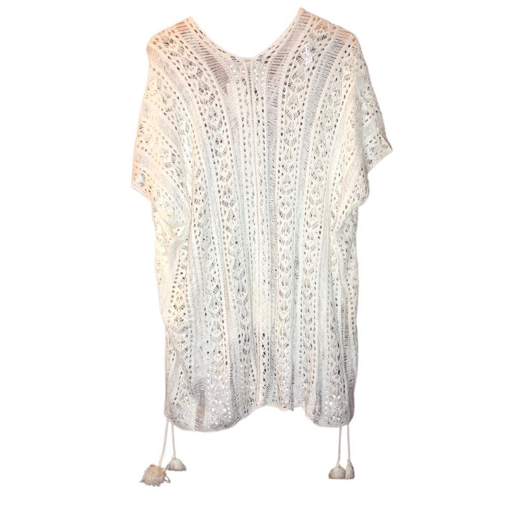 Suzanne Betro White Crochet Swim Coverup with Tassels